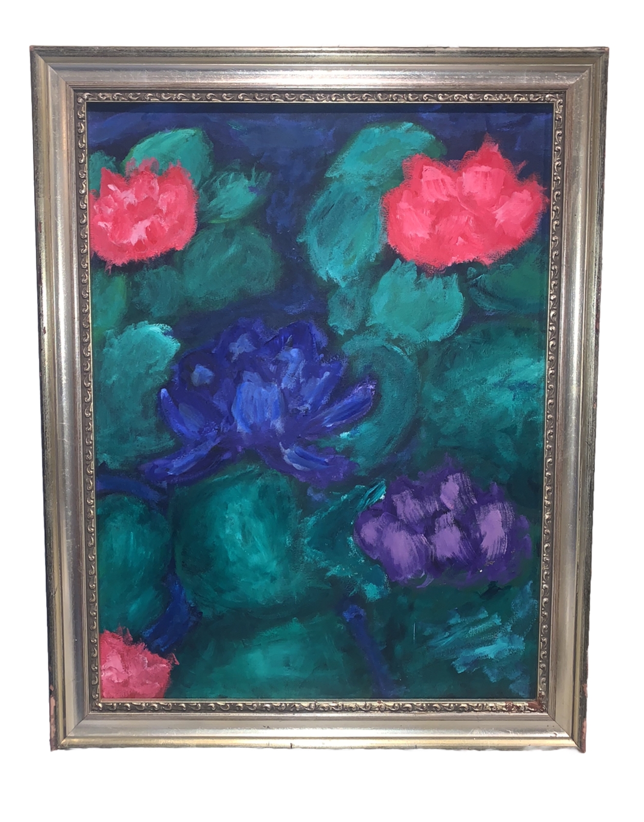 Contemporary Water Lily Flowers Canvas Modern 21.75”x27.75” Pink Purple Framed