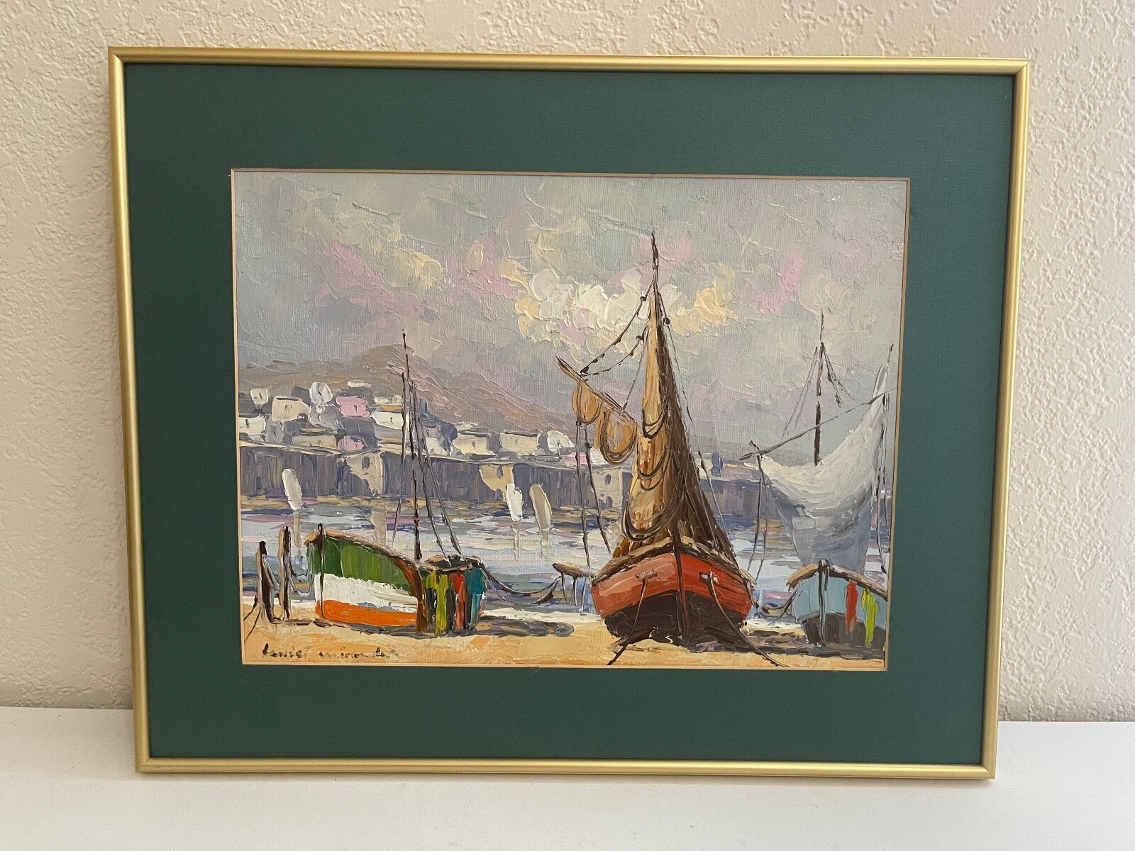 Signed Impressionist Style Oil on Canvas Painting of Sailboats on Seashore