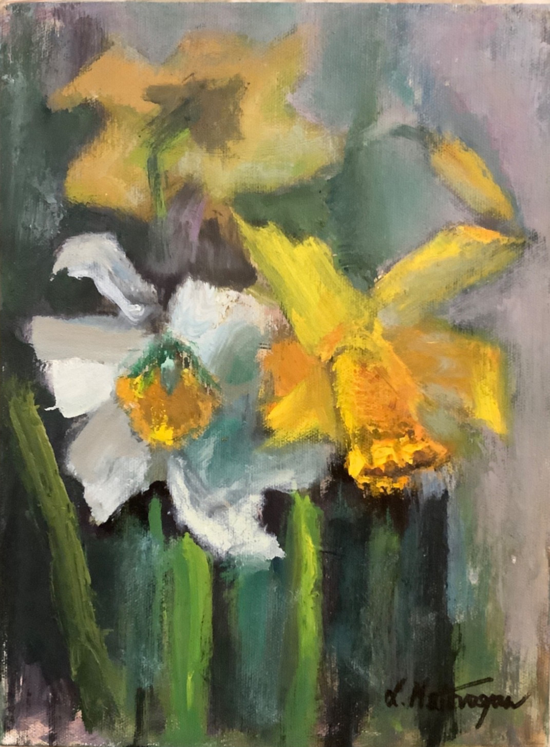 Original Impressionism Oil Painting 12”x9”;Floral Daffodils Signed