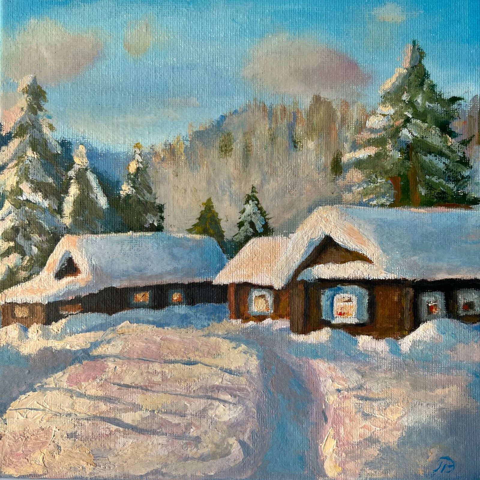 original oil painting,snow art,winter village,Landscape on canvas, 8×8 inches