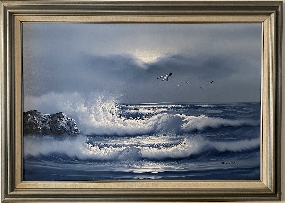 Large Original Oil Painting Ocean Waves Seascape Signed Taylor Framed