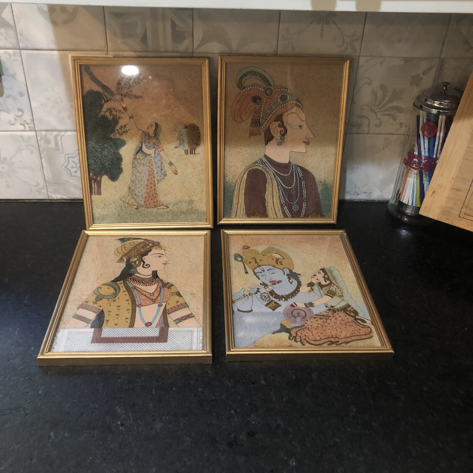Four Vintage Unique Gemstone India Paintings Crushed Natural Gem Stones