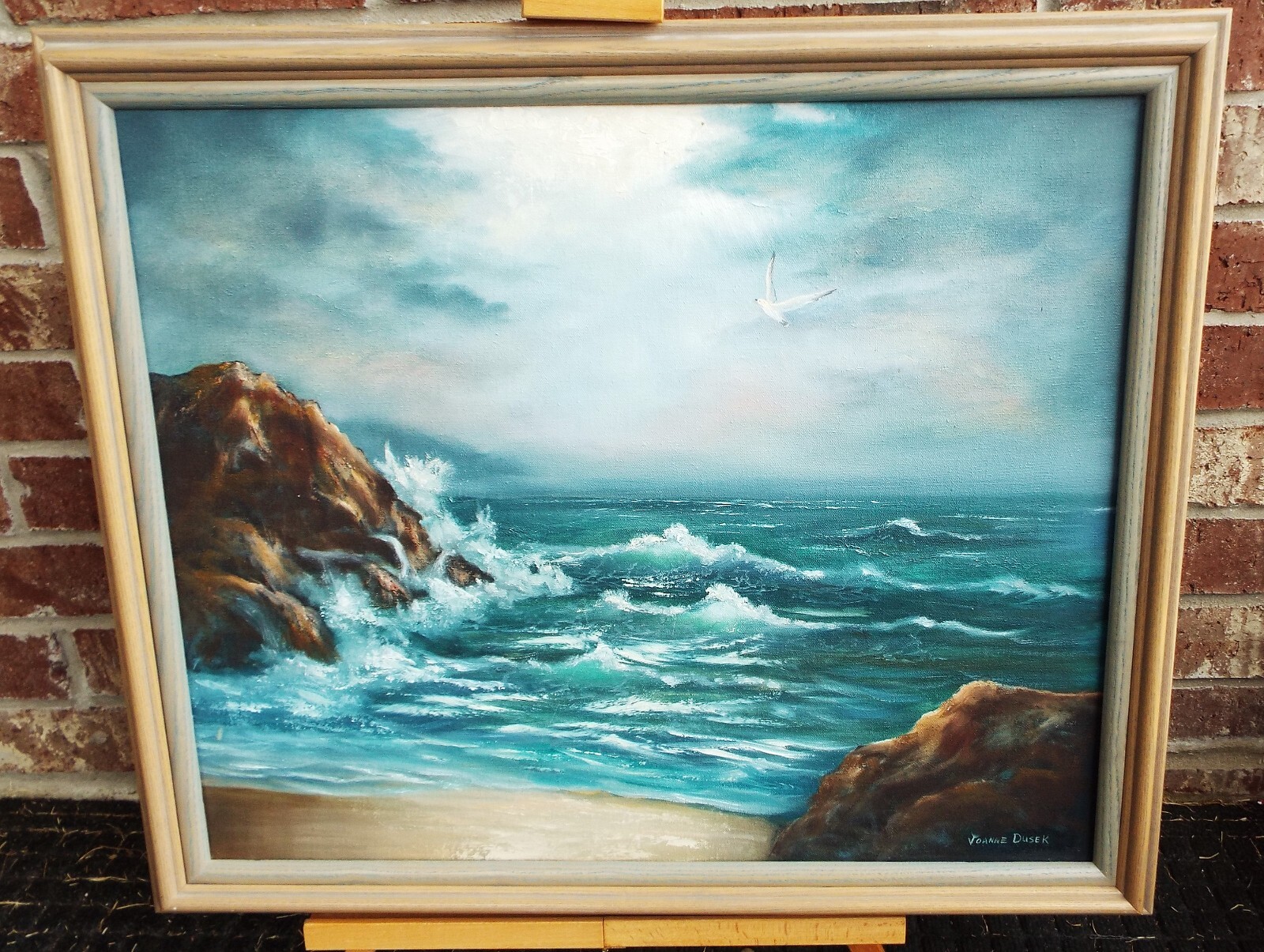 VTG ORIGINAL OIL PAINTING JOANNE DUSEK SEASCAPE HAND SIGNED 28X24 WOOD FRAMED