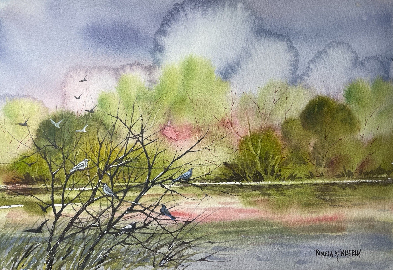 7X10” Original Watercolor Pamela Wilhelm Whimsical Summer Birds In Tree On Lake