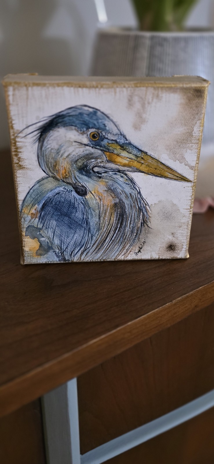 6×6 Original Impressionist Heron Painting Small watercolor on Canvas