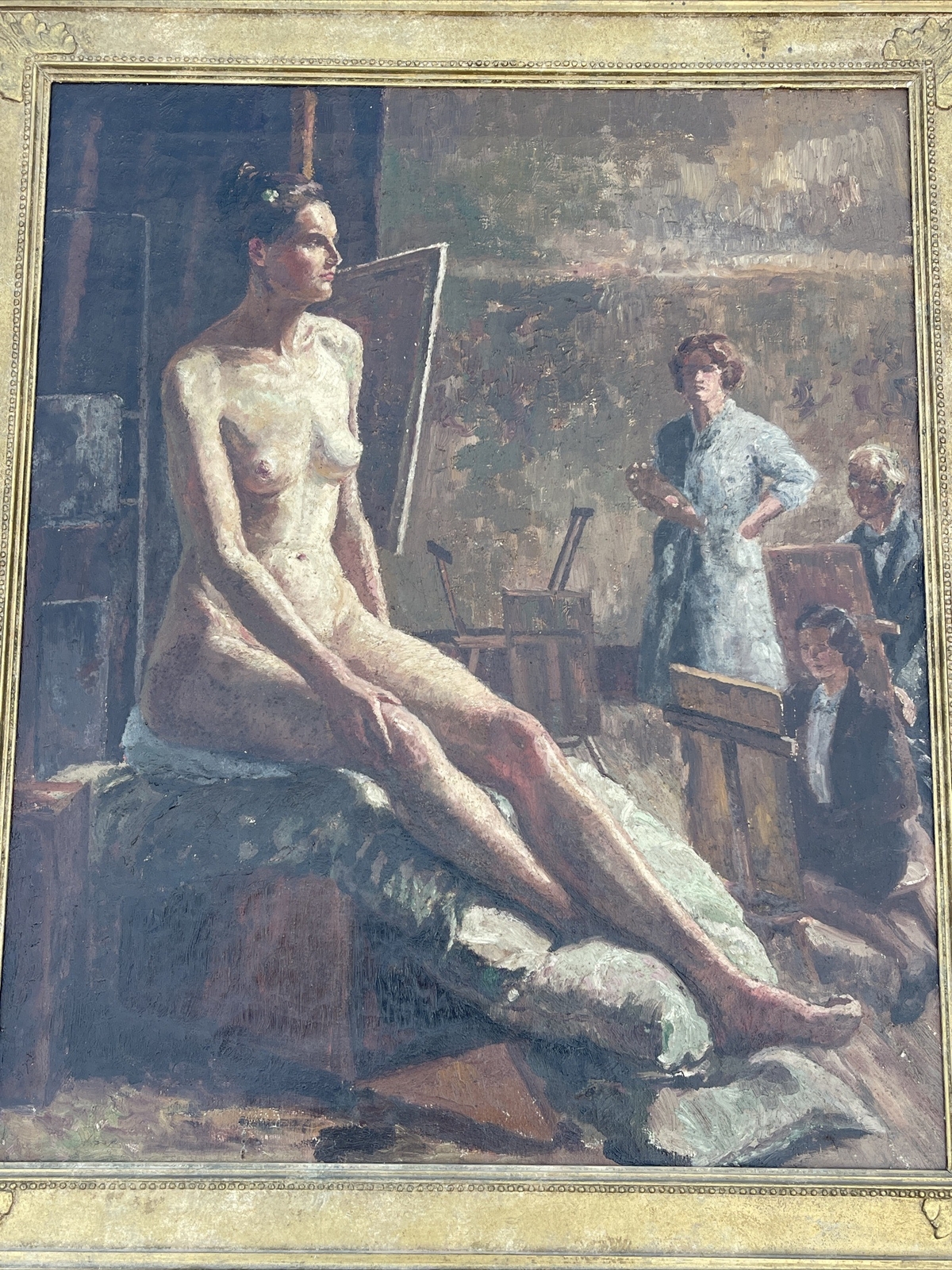 ANTIQUE PAINTING 1930’S Class STUDIO PORTRAIT PRETTY WOMAN FEMALE MODEL MYSTERY