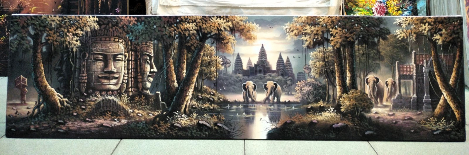 Wall Decoration of Angkor Wat Temple Oil Painting Signed 40cm x 150cm