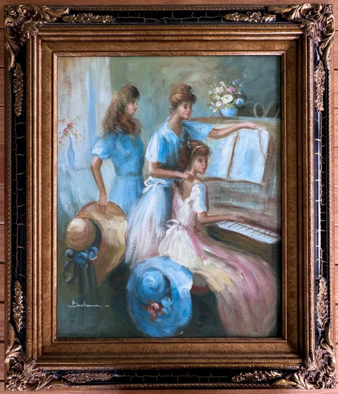 Signed Oil Painting 3 Girls Piano Lesson Women Ladies