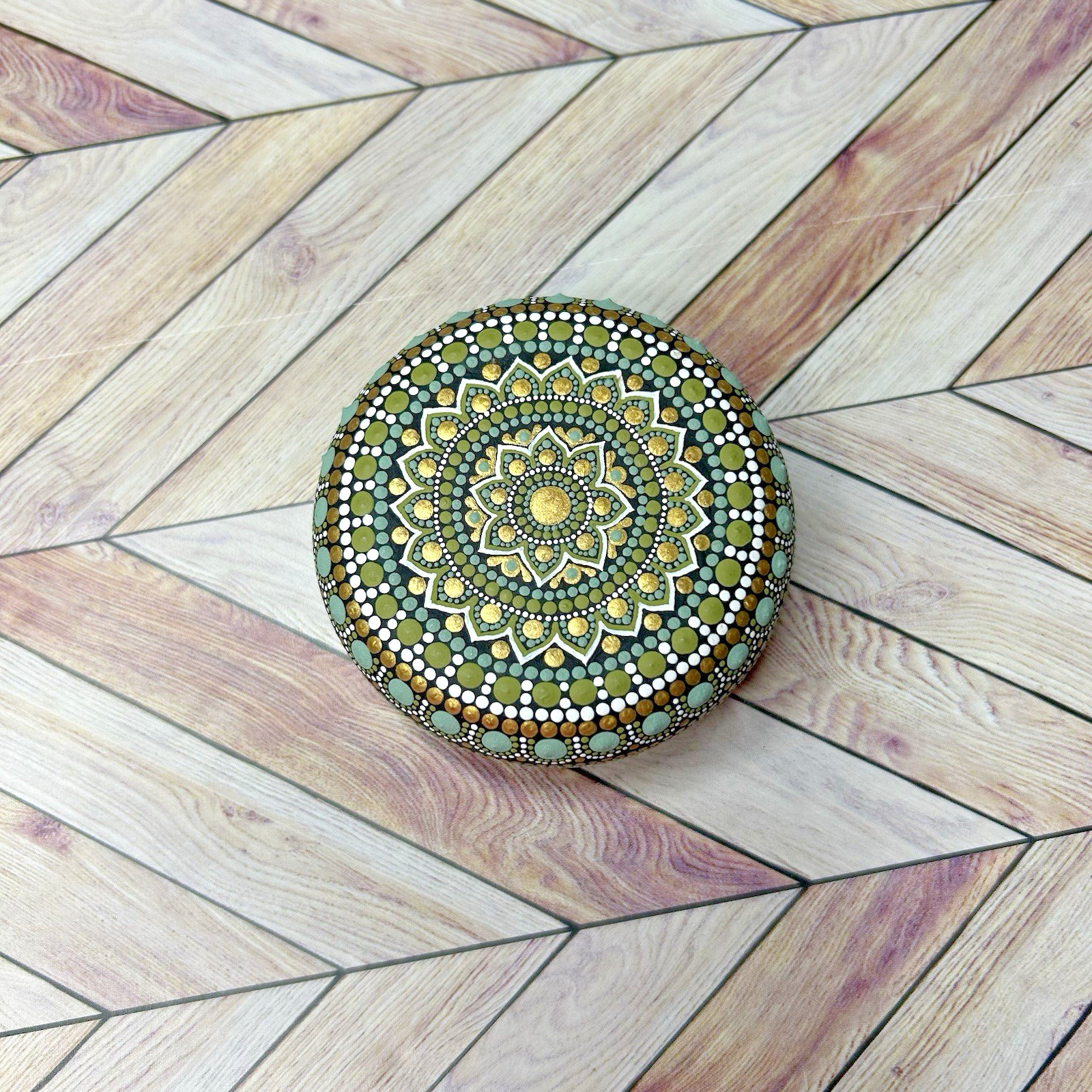 Artisan Hand Painted OOAK Green Lotus Mandala Stone Rock Decor 2.5″ Gift