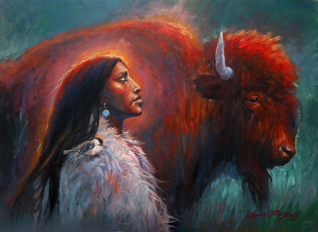 Original Oil Painting BUFFALO BULL FIRE Native WESTERN WOMAN Chickadee SUN GLOW