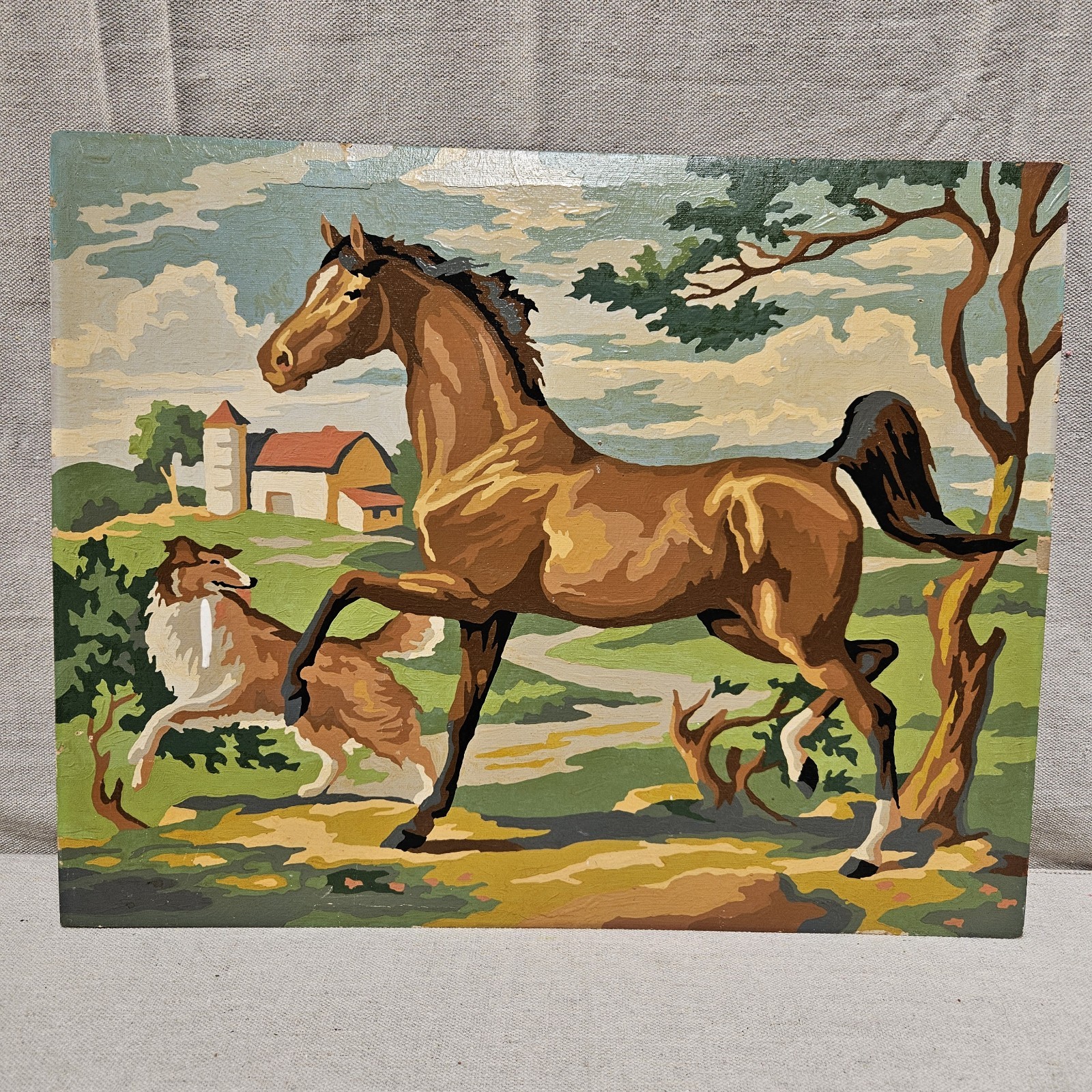 Estate Find 1957 Vintage Paint-by-Number Equestrian Horse & Collie Dog Painting