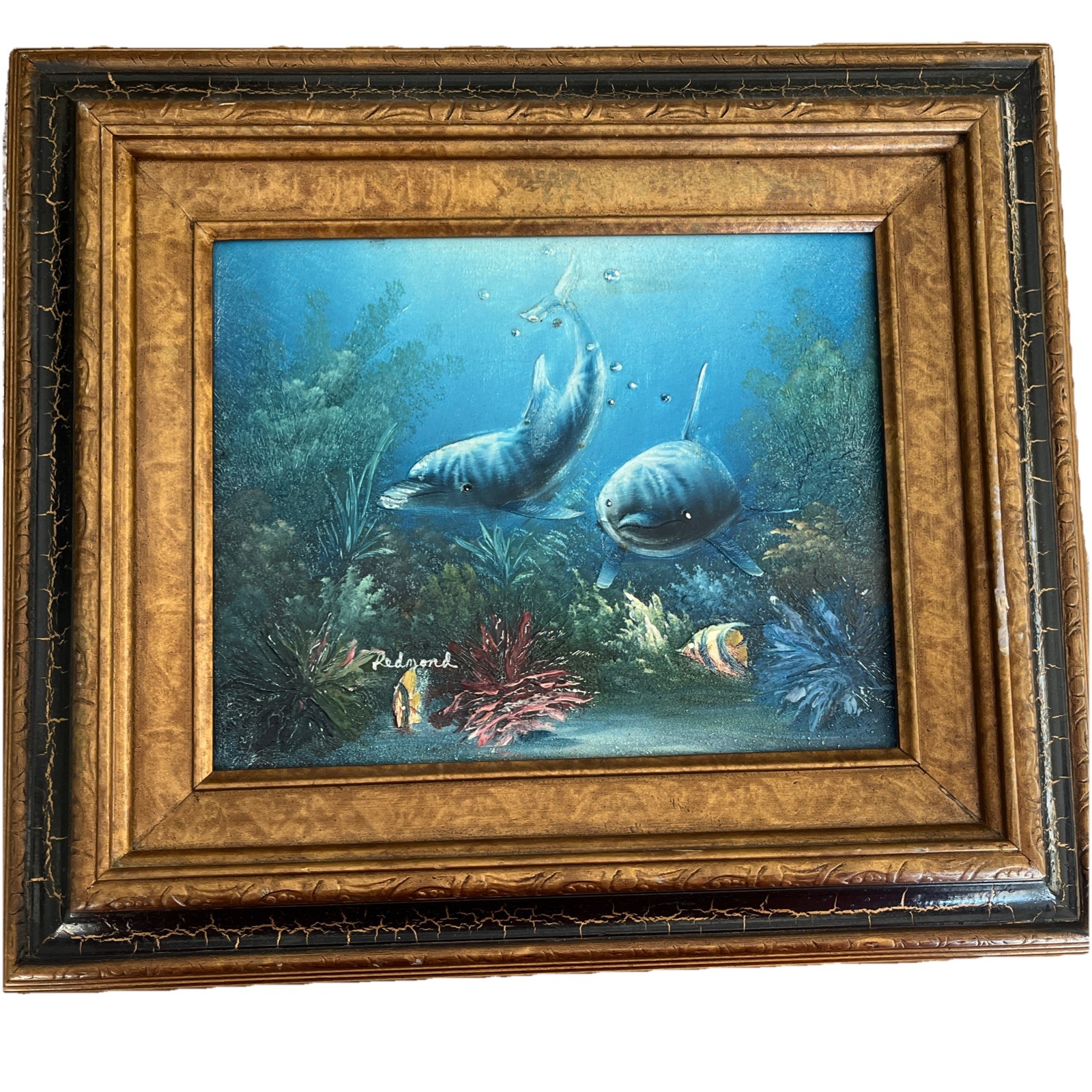 Original C. Redmond Benolt Painting Textured Dolphins Under Water Ocean Coastal