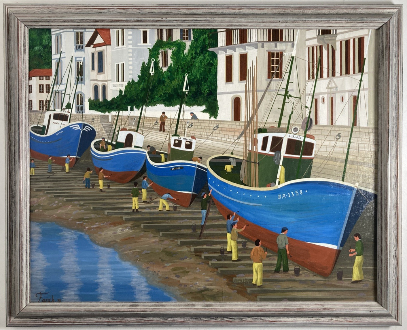 Vintage Original Oil Painting Seaside Landscape Fishing Boats Signed Fanch Ledan