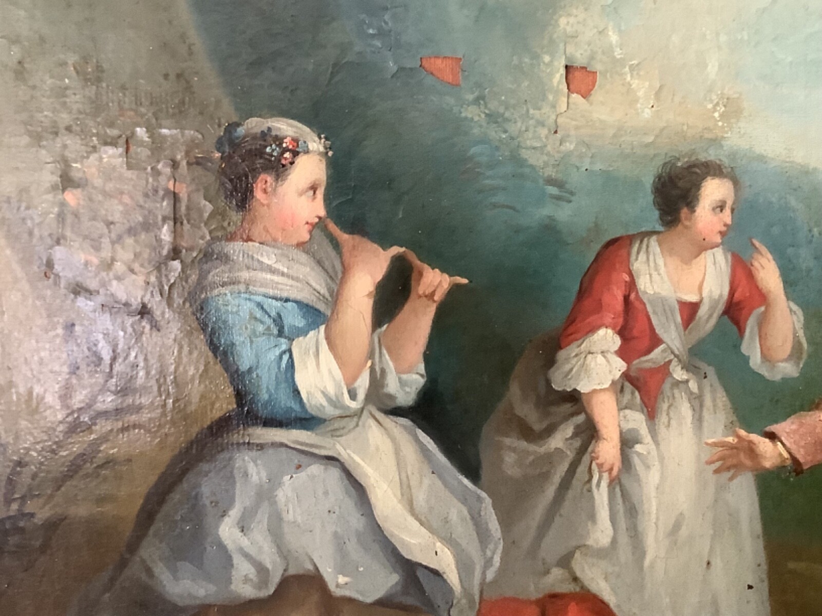 TO RESTORE 18th CIRCLE FRAGONARD ENTERTAINMENT IN PARK FRENCH OIL ON CANVAS