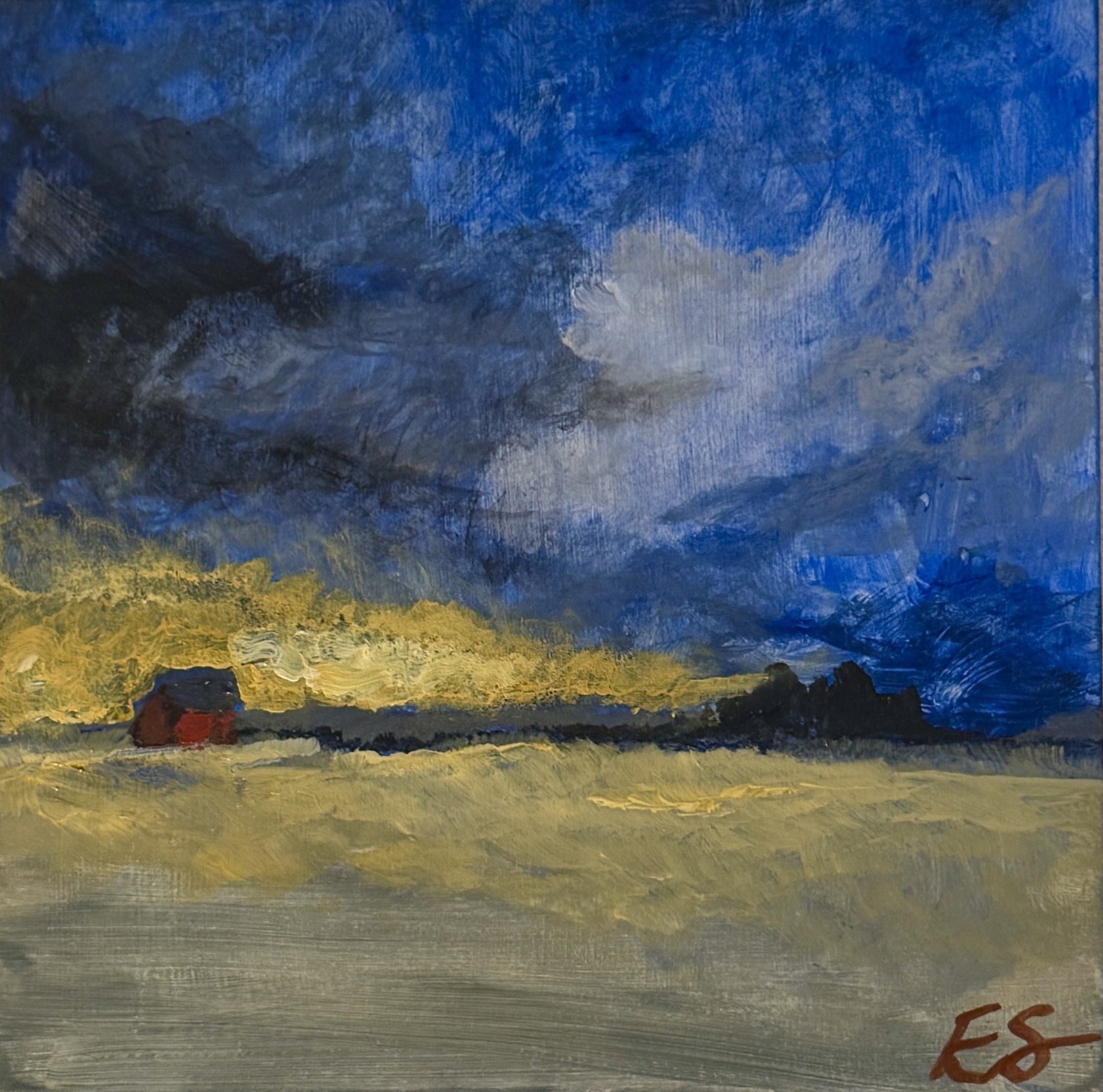Signed Abstract Contemporary Landscape Painting, Dramatic Stormy Sky & Clouds