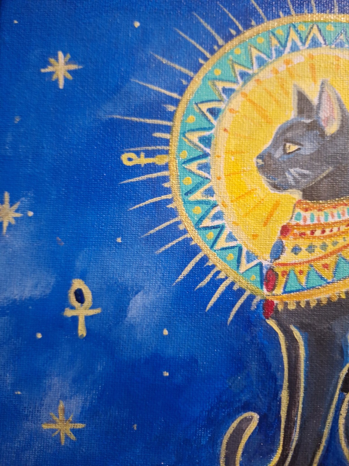 Orginal Signed 8×10 Expressionist Egptian Cat Acrylic Canvas Art Blue Decor