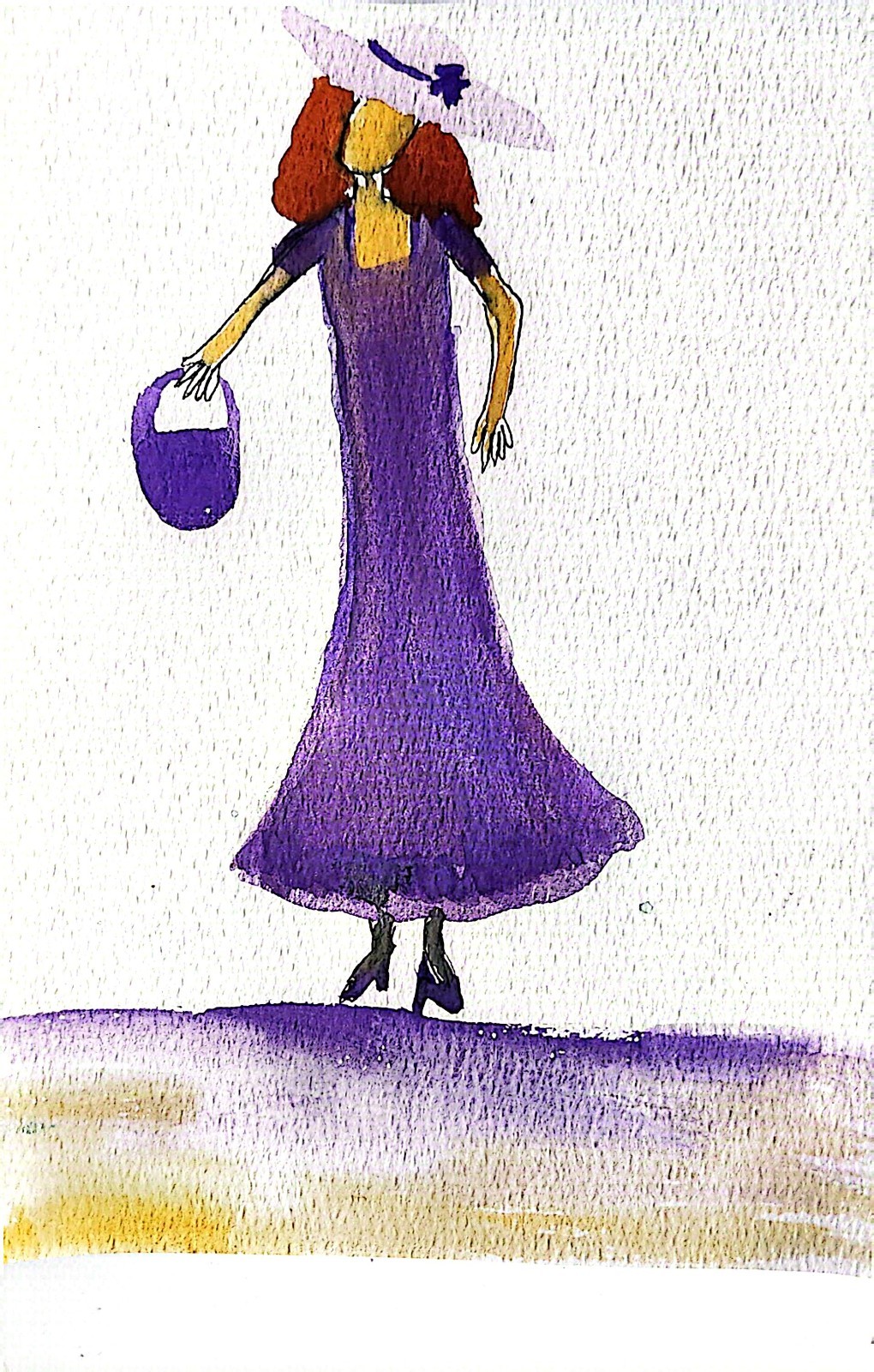 Lady In Purple Dress Contemporary Expressionist Original Watercolor Painting 5×7