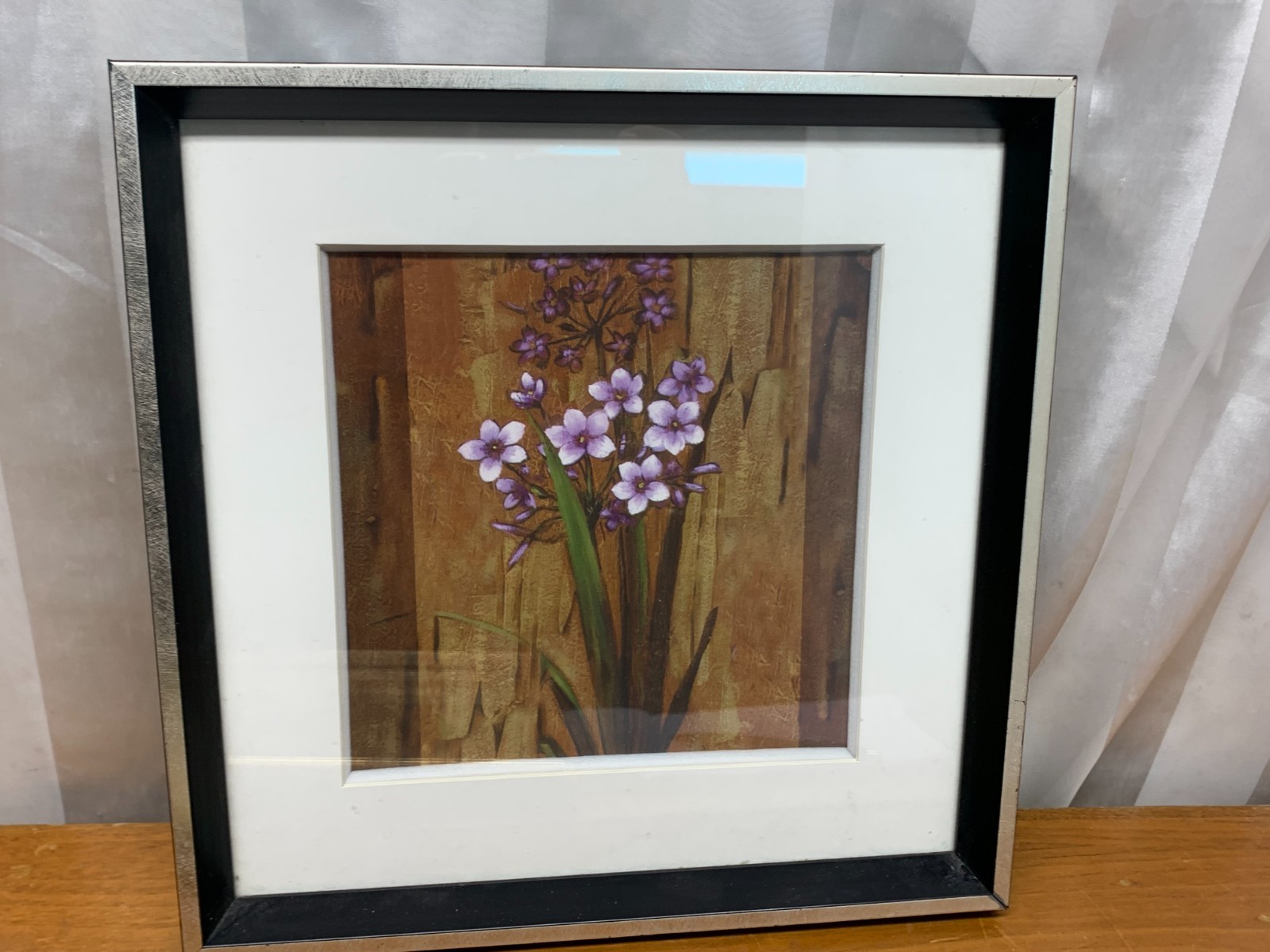Purple Flowers Orchids Floral Lithograph Print On Board Framed Art 12X12″
