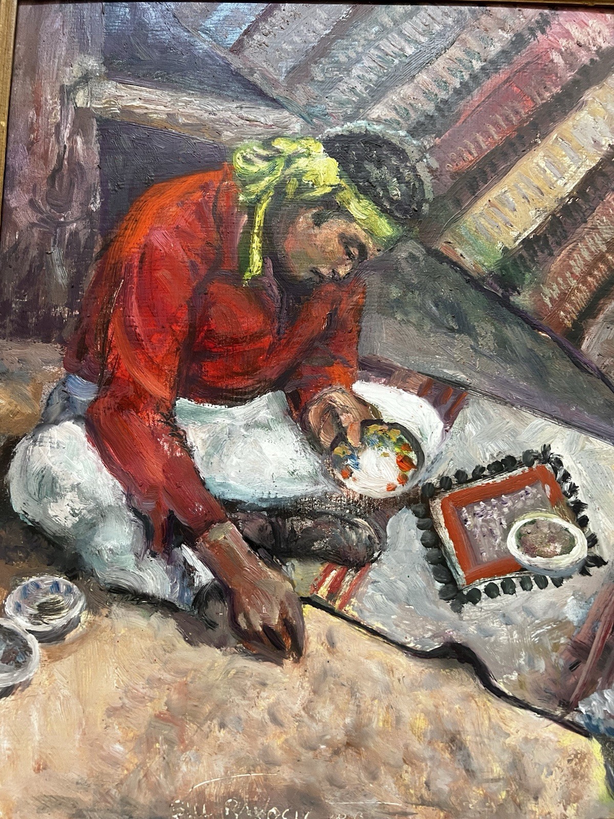 Vintage Acrylic Painting “Decorative Rug Vendor American Indian” by Bill Rakocy