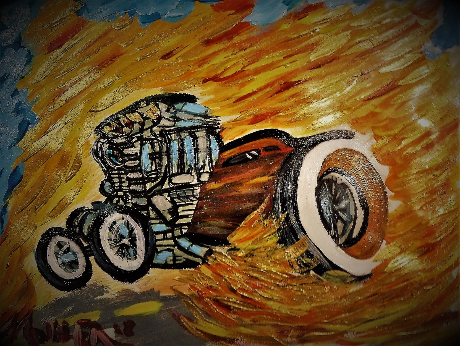 outsider art hot rod racing «Lit Red» 8.5×11 acrylic on paper Mohler
