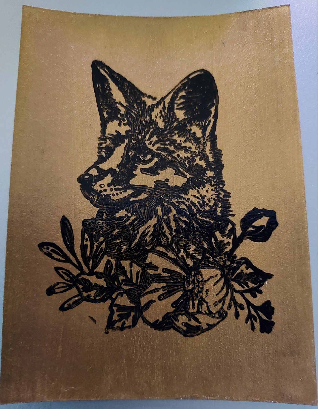 ACEO, Original Fox Head Stamp with Foliage on Golden Acrylic Background, nature