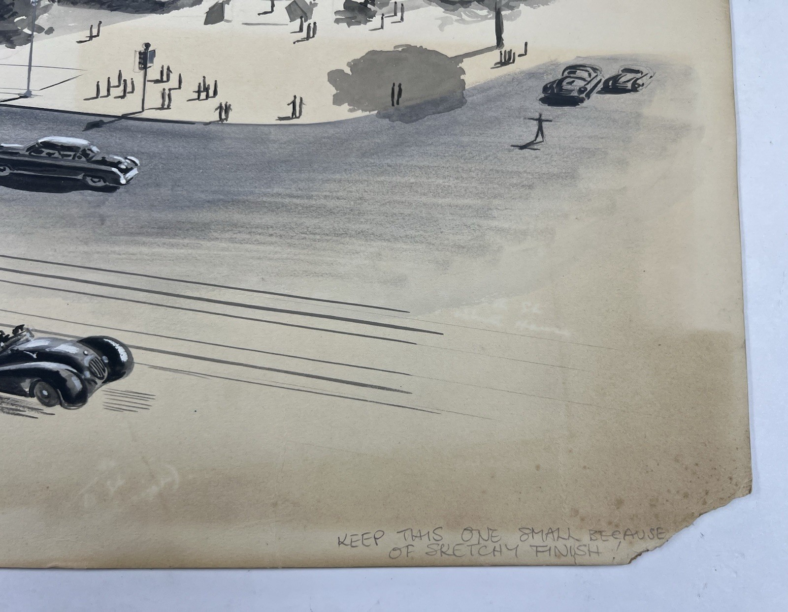 Postwar Ink & Wash Painting City Scene with Classic Cars 10×15” Illustration Art