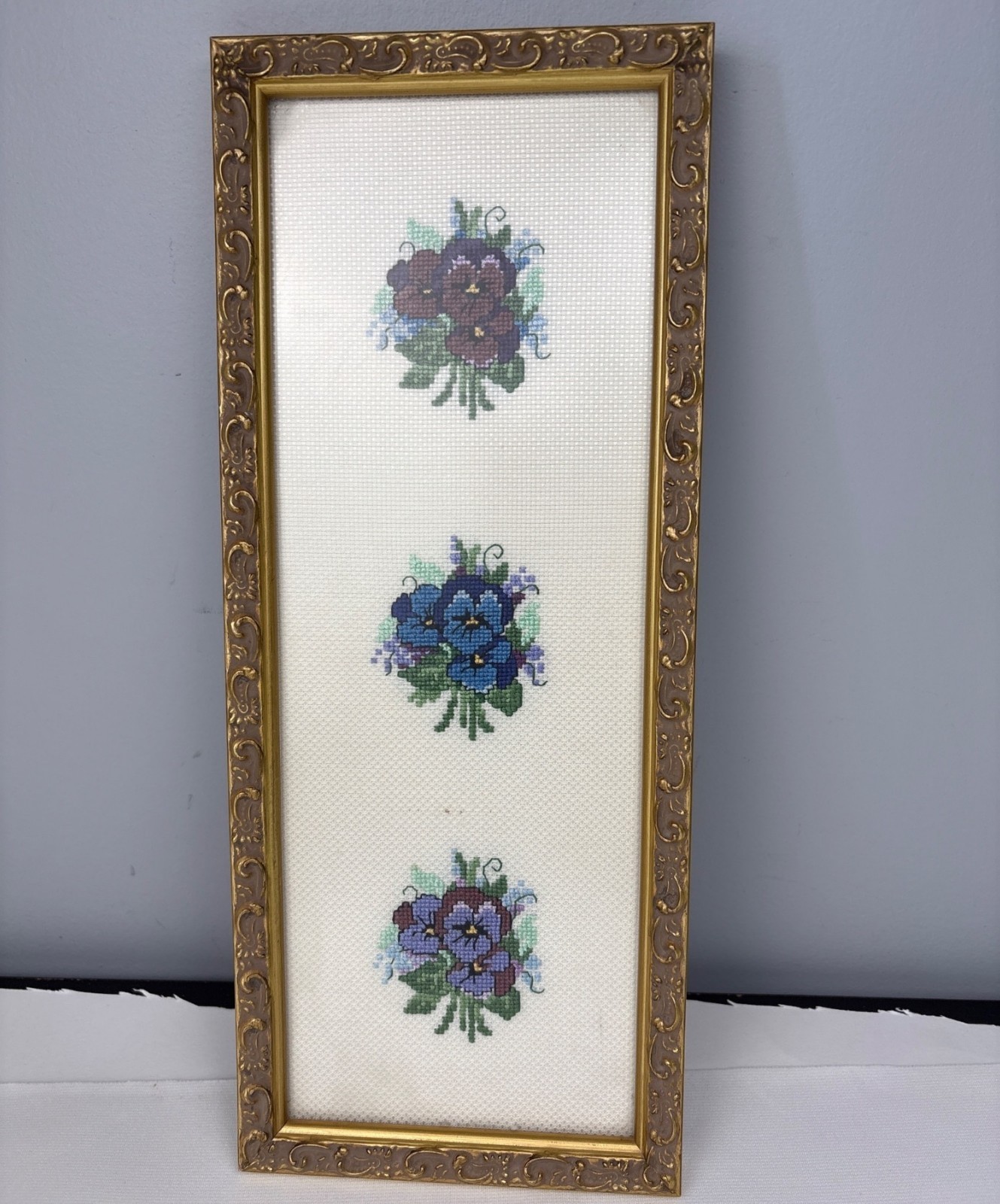 Floral Cross-Stitch Wall Art Gold Ornate Frame Trio of Pansy Flowers 14×6 Framed