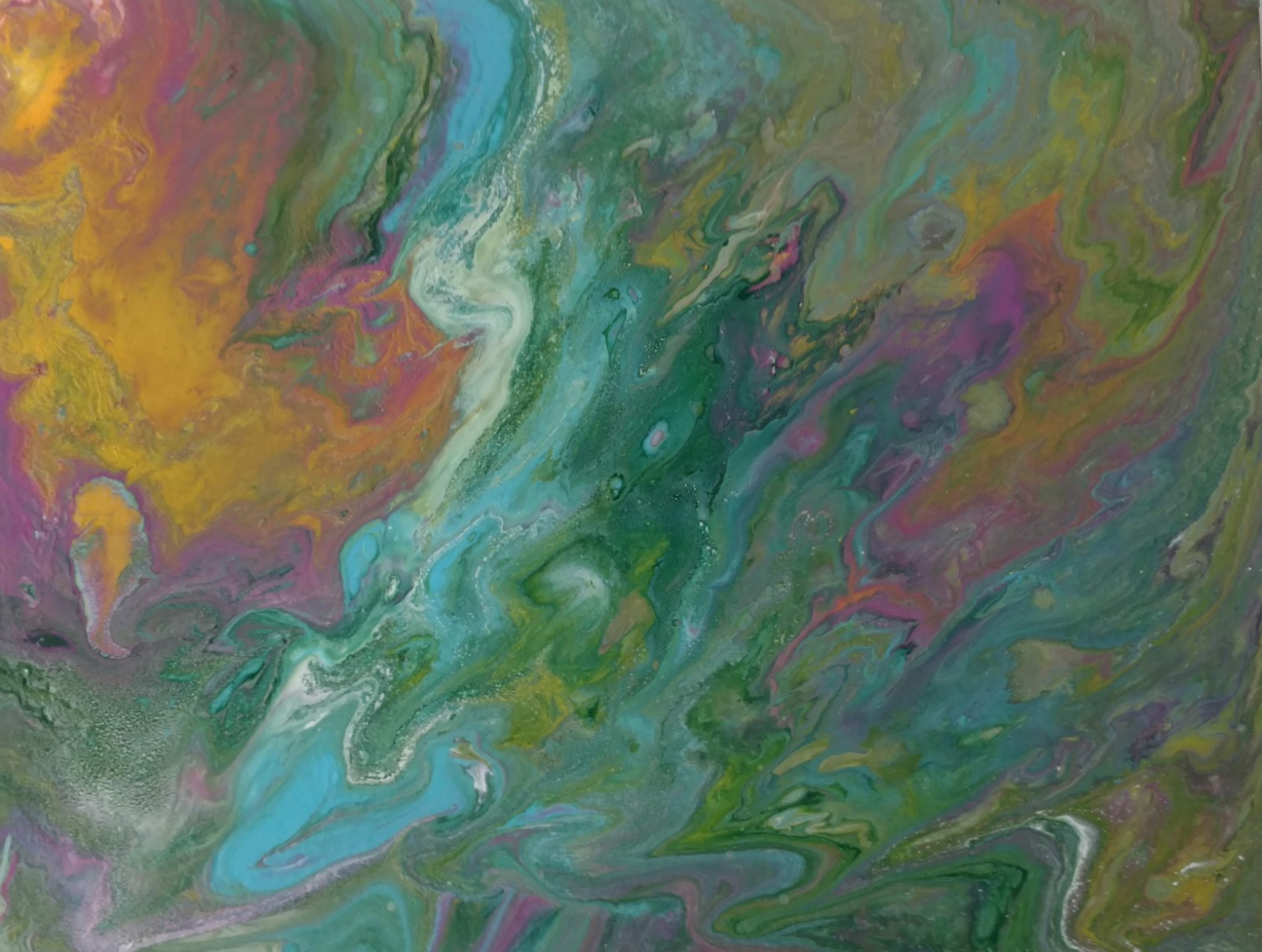 Abstract acrylic painting 9 x 12 in green, blue, yellow, fuschia and white