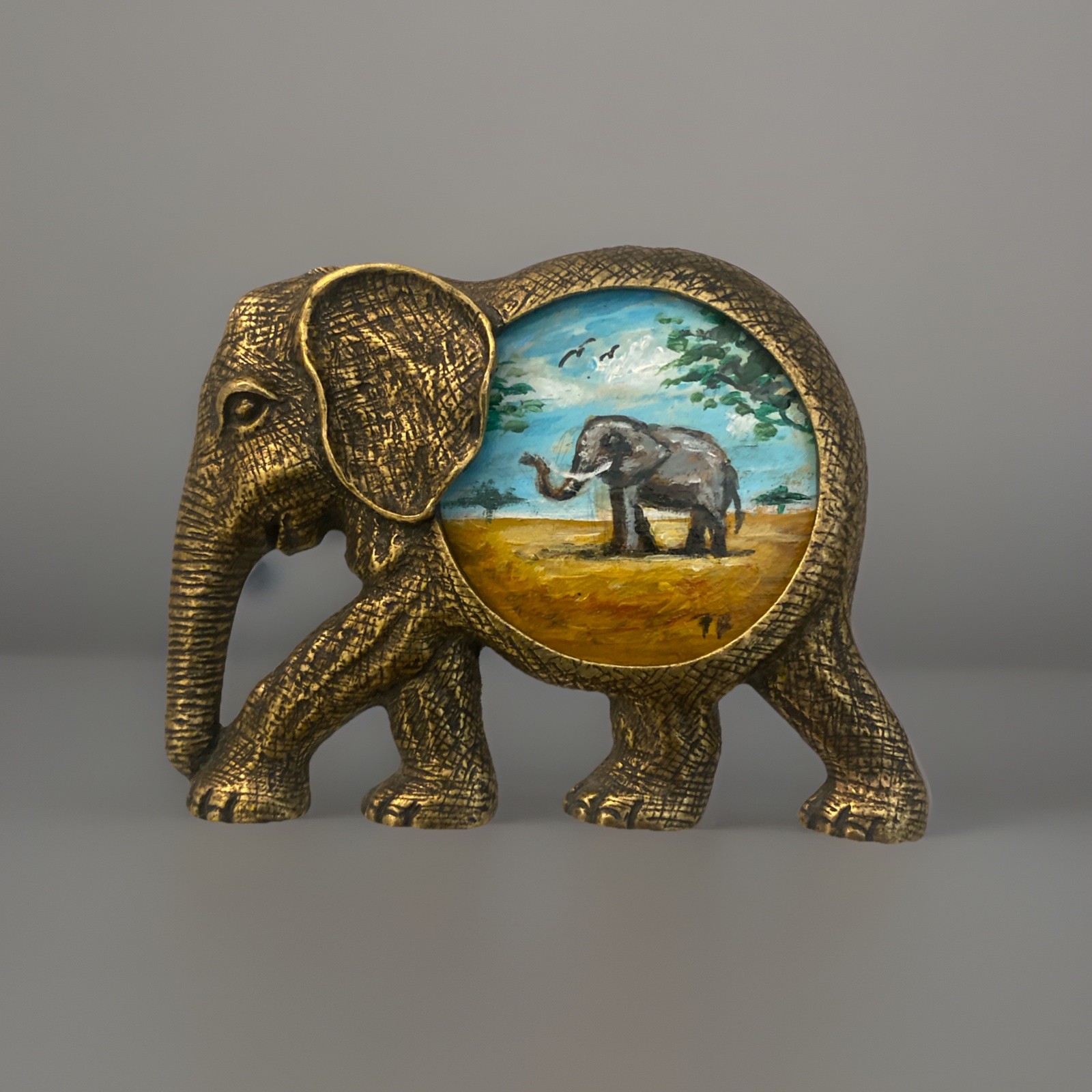 Vntg Original Elephant Oil Painting Small 3” X 4” Metal Elephant Frame