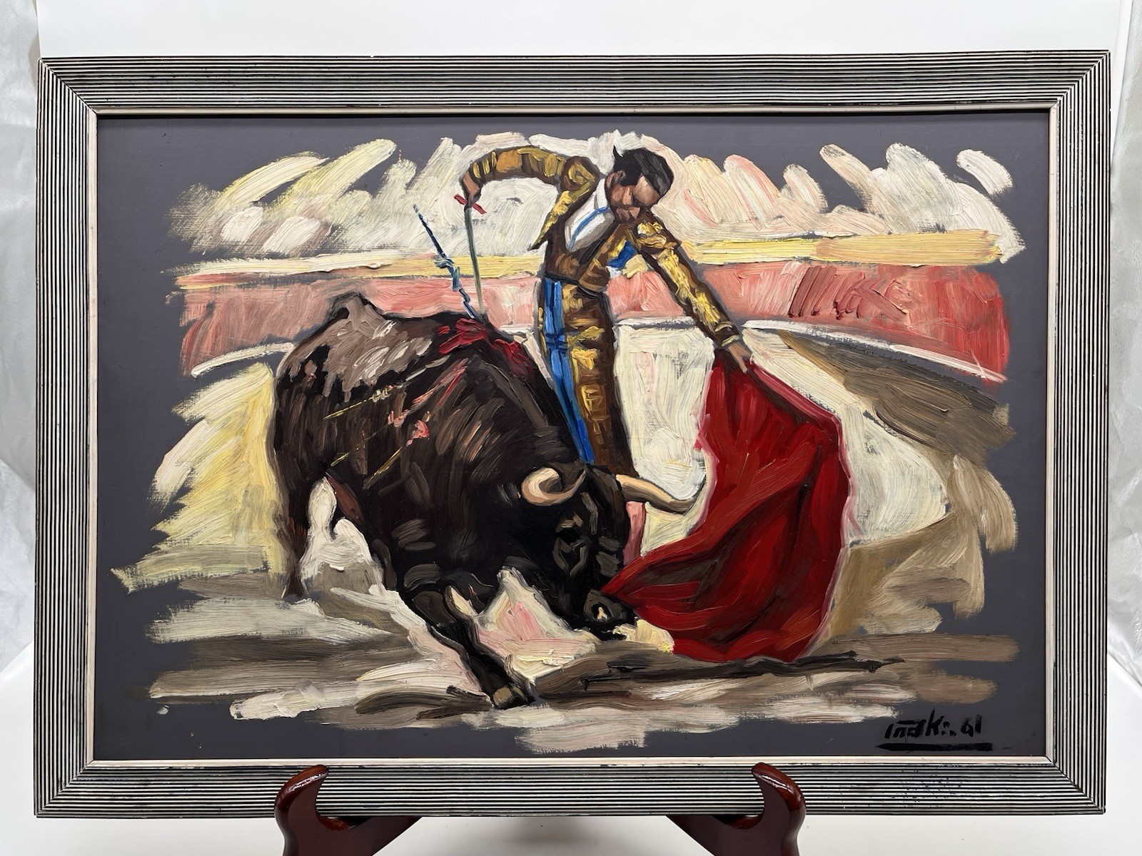 Vtg MCM Spanish Bullfighter Matador Original Oil on Masonite Painting 1961