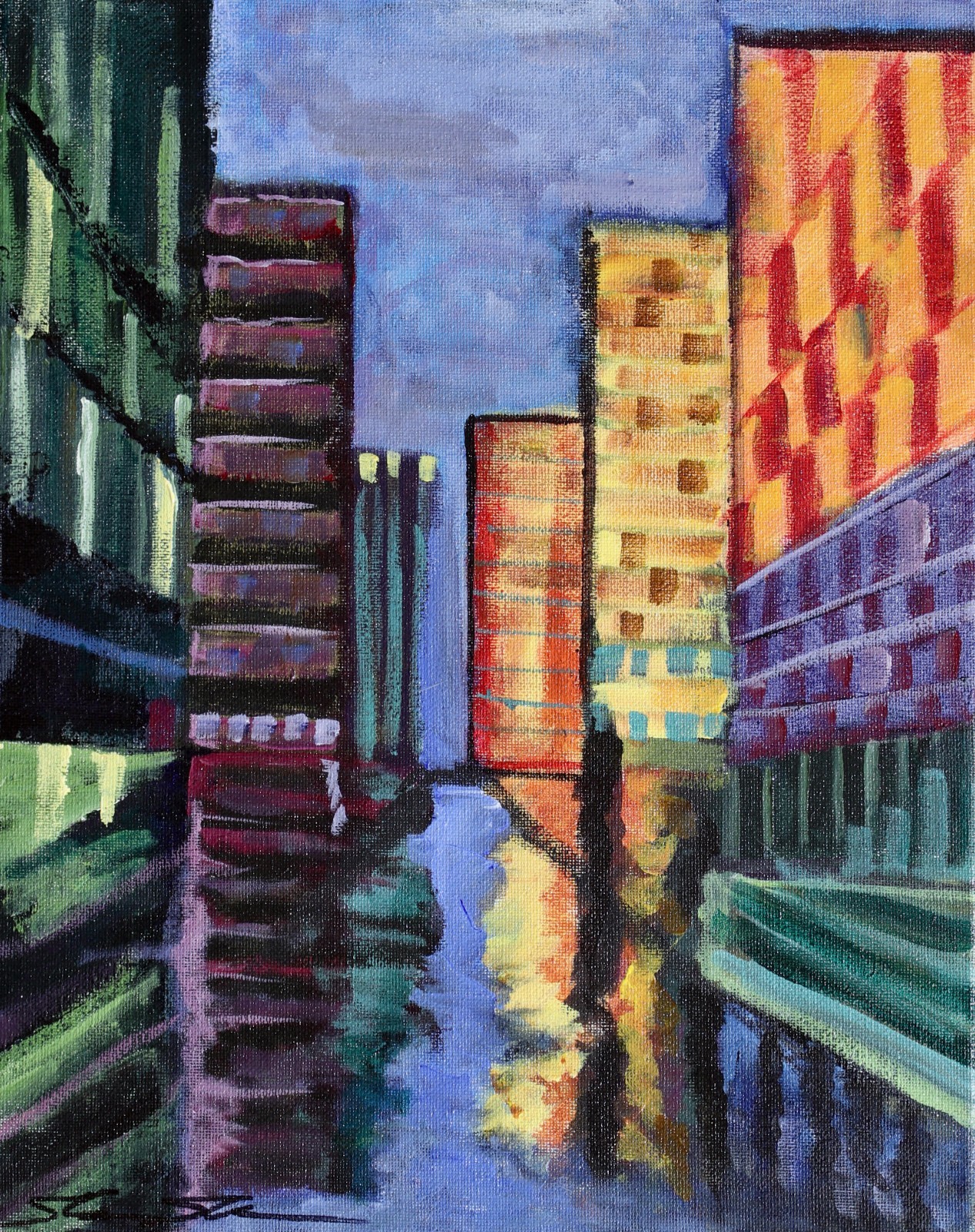 ShawNshawN Original painting 11×14 city dramatic vibrant colors abstract art