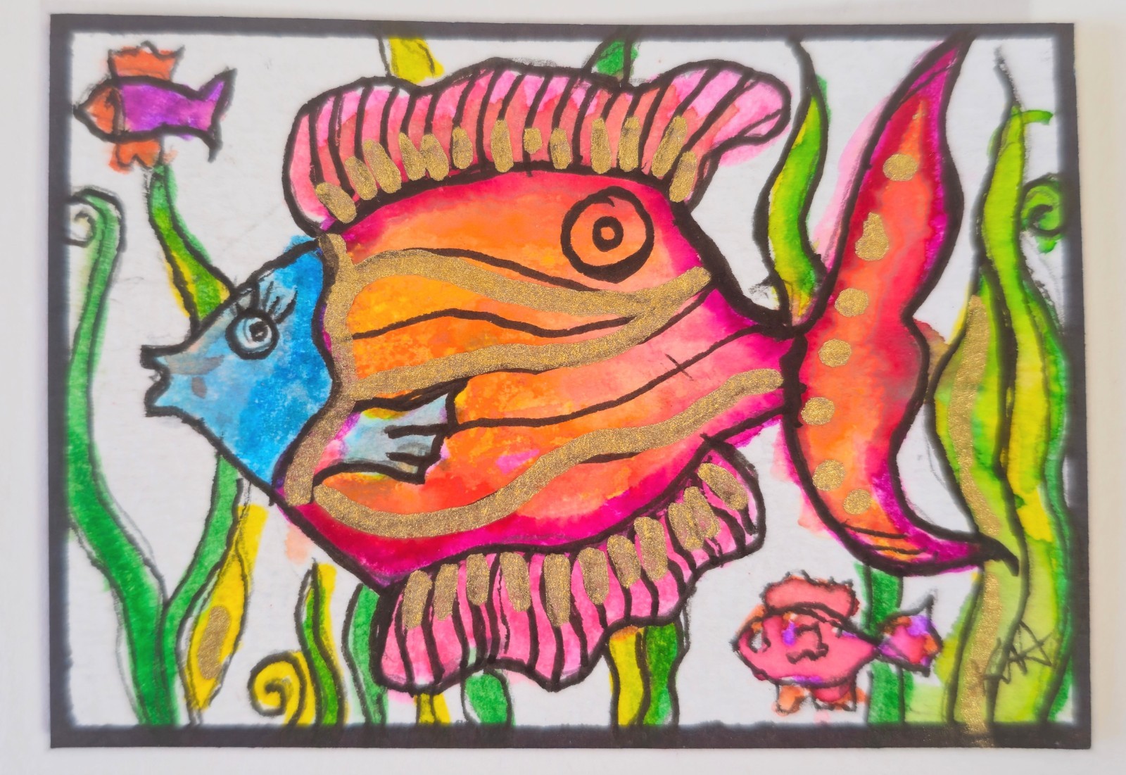 ACEO ATC miniature art whimsical fish magenta by Kelly Herbold