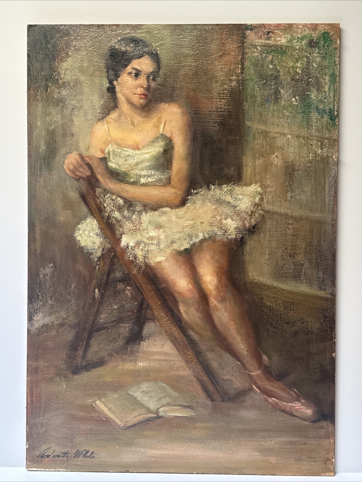 MID CENTURY PAINTING BALLERINA DANCER PRETTY WOMAN FEMALE MODEL BY WHITE LARGE