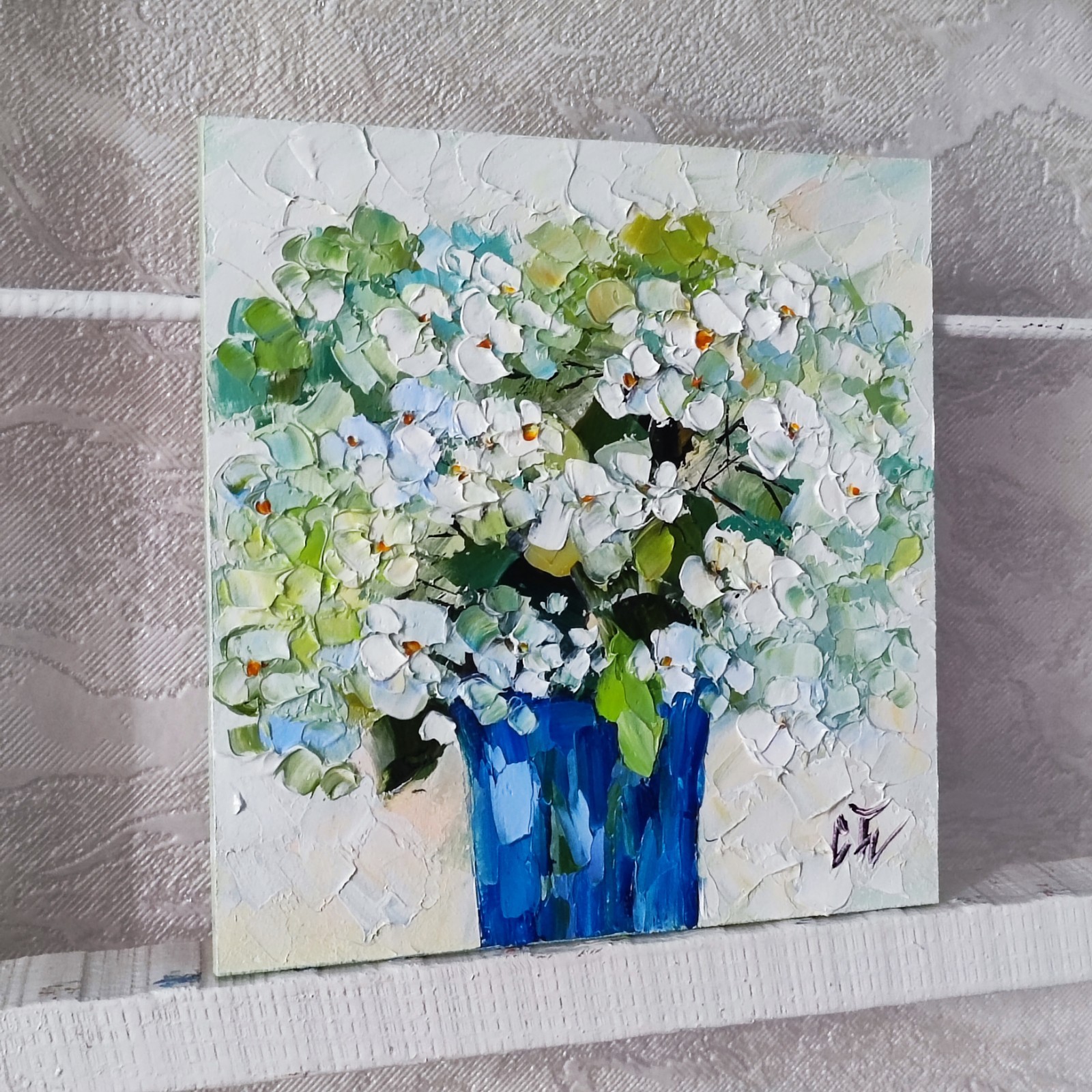 original oil painting Hydrangea white flowers artwork Floral wall art 6*6 in