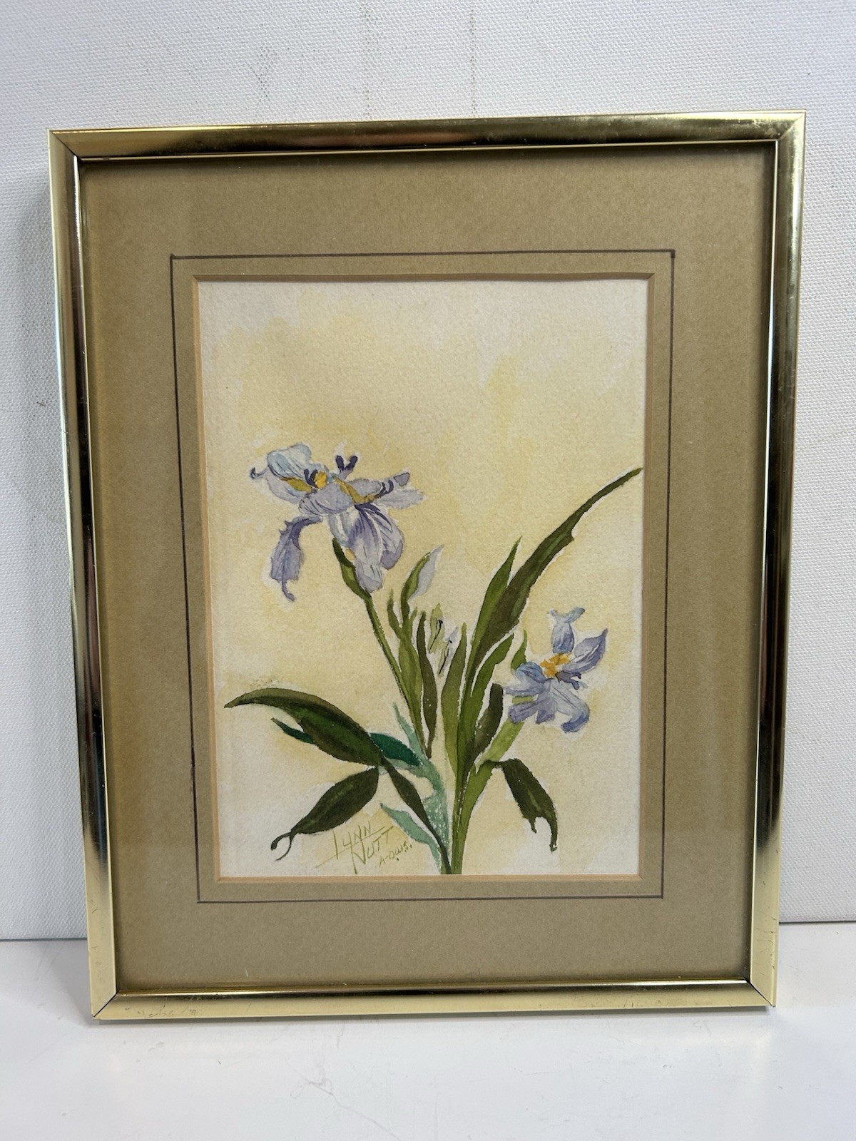 Vintage Framed Original watercolor painting of Purple iris signed Nutt OOAK