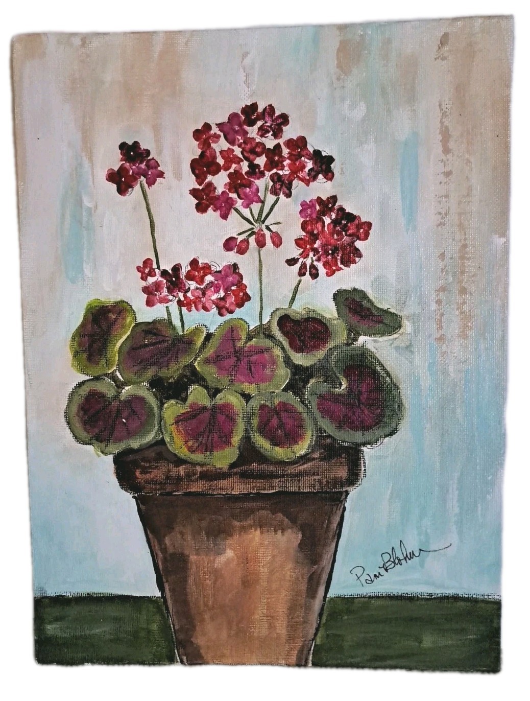 Potted Red Geraniums, Original 9×12″ Acrylic Painting on Canvas Board.