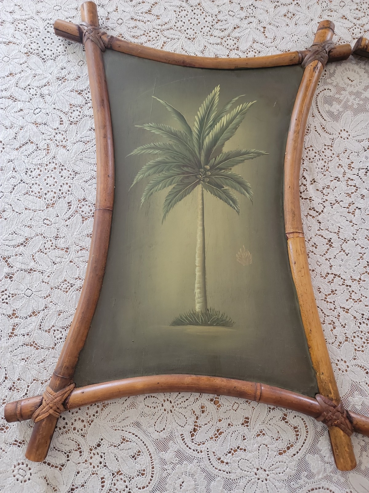 2 Vintage Bamboo Tikki Frames Palm Banana Tree Tropical Paintings 20″×27.5×1.5″