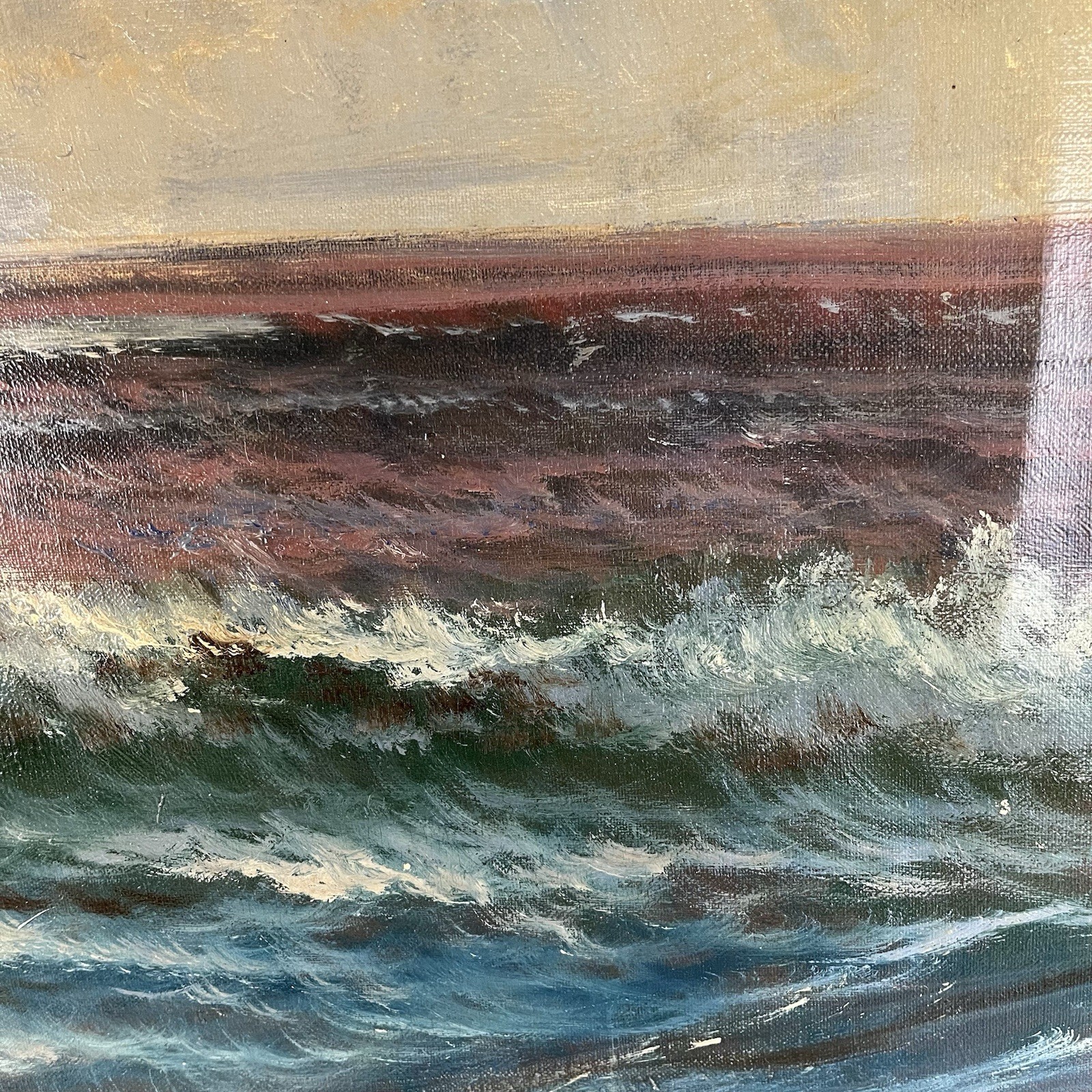 Original Vintage Ocean Waves Beach Sunset Oil Painting Franz Wallis Waldner 36″