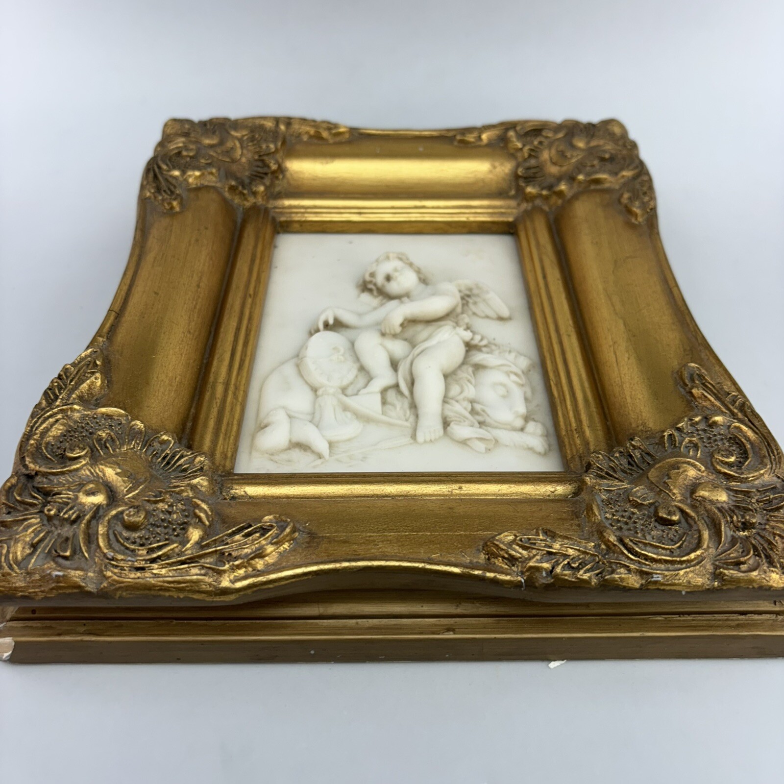 Biggs & Sons London Alabaster High Relief Cherub￼ Gold Gilt Framed Sculpture