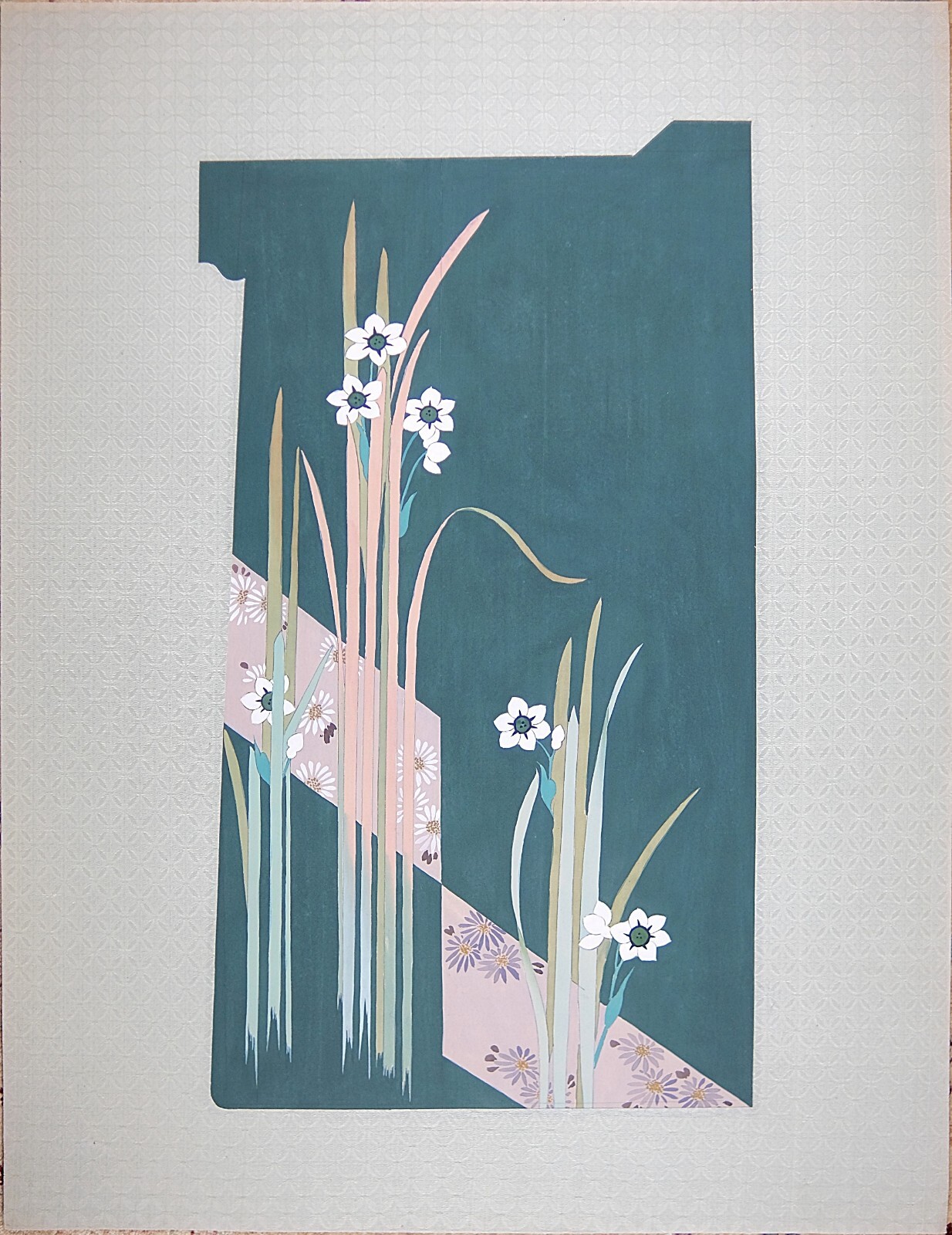 Vintage Asian Water Painting on Silk, Traditional Japanese Kimono Illustration