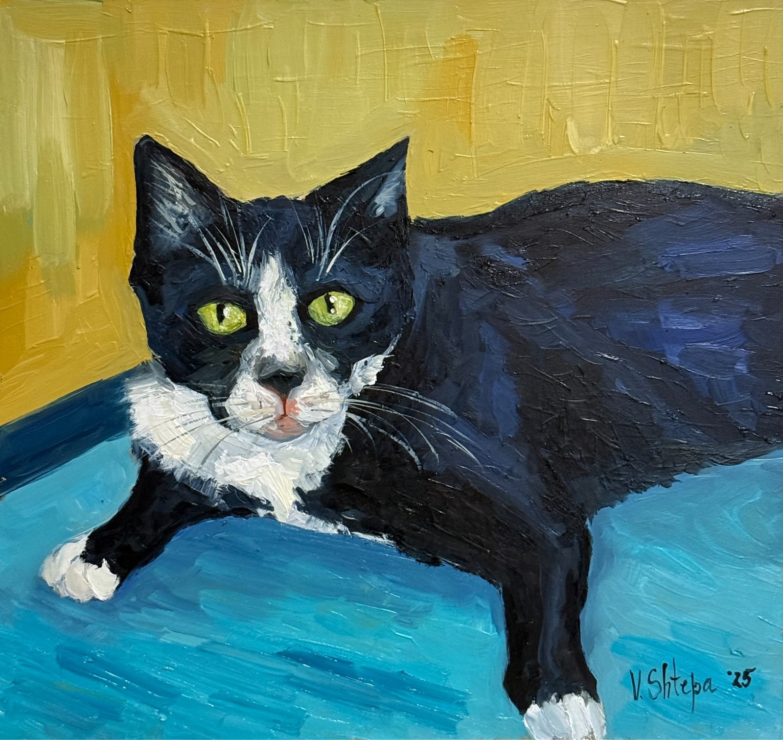 Black Cat Original Oil Painting Portrait Pet Animal Signed Art 10×9.5 in