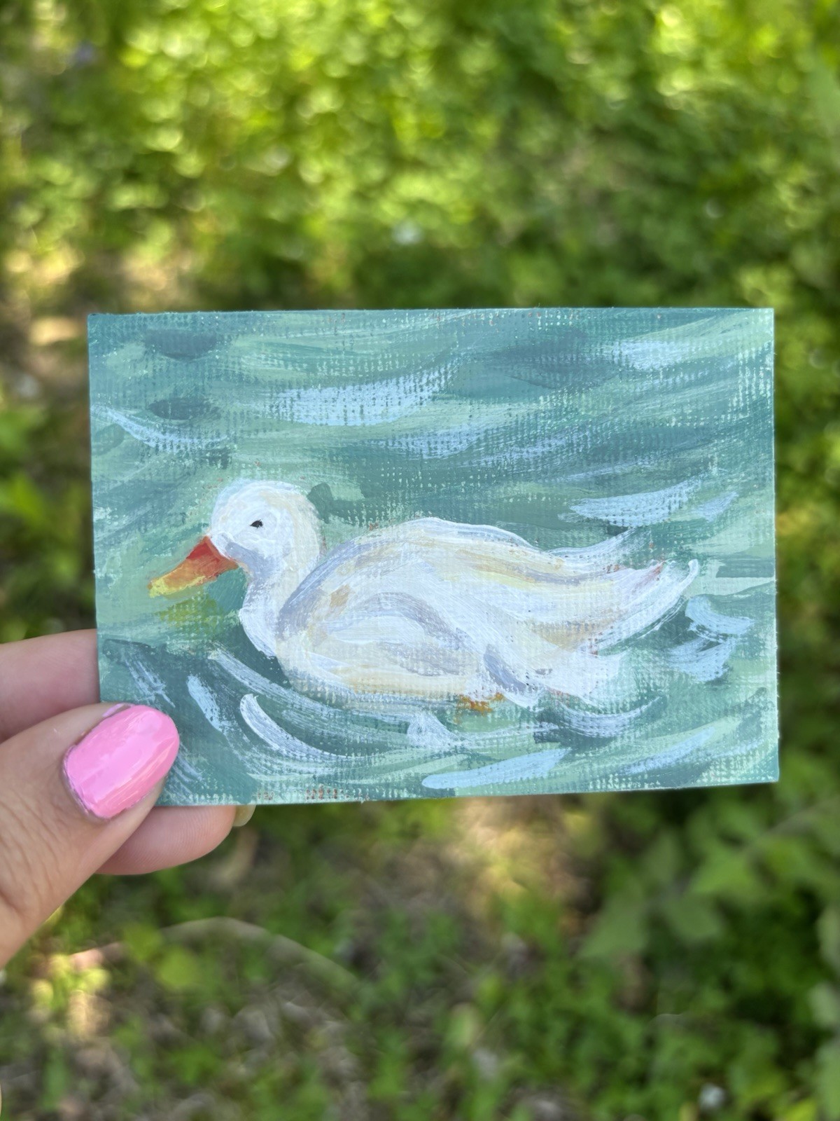 ACEO white Duck In Pond original miniature painting unframed abstract art bird