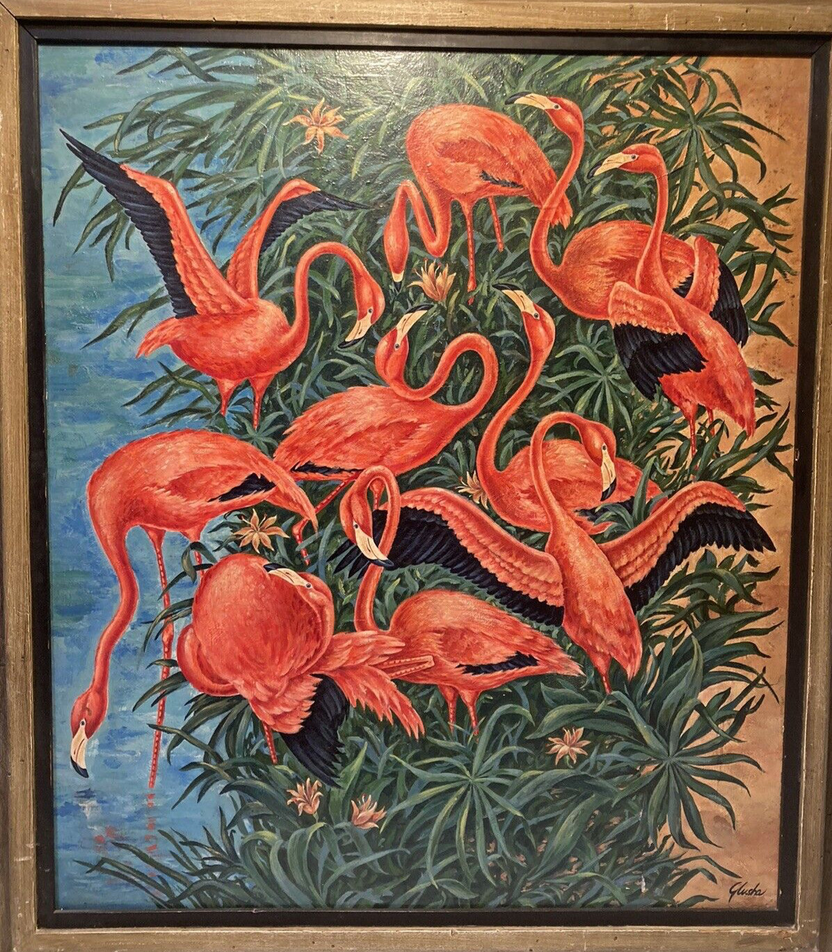 SIGNED MID CENTURY ABSTRACT MODERNISM FLORIDA FLAMINGOS ILLUSTRATION PAINTING