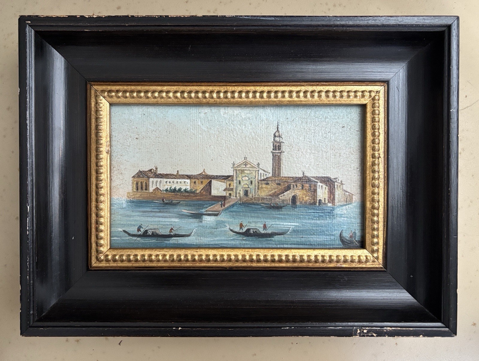 Charming Small Antique Fine Oil Painting Framed Venice Monastery Island Gondola