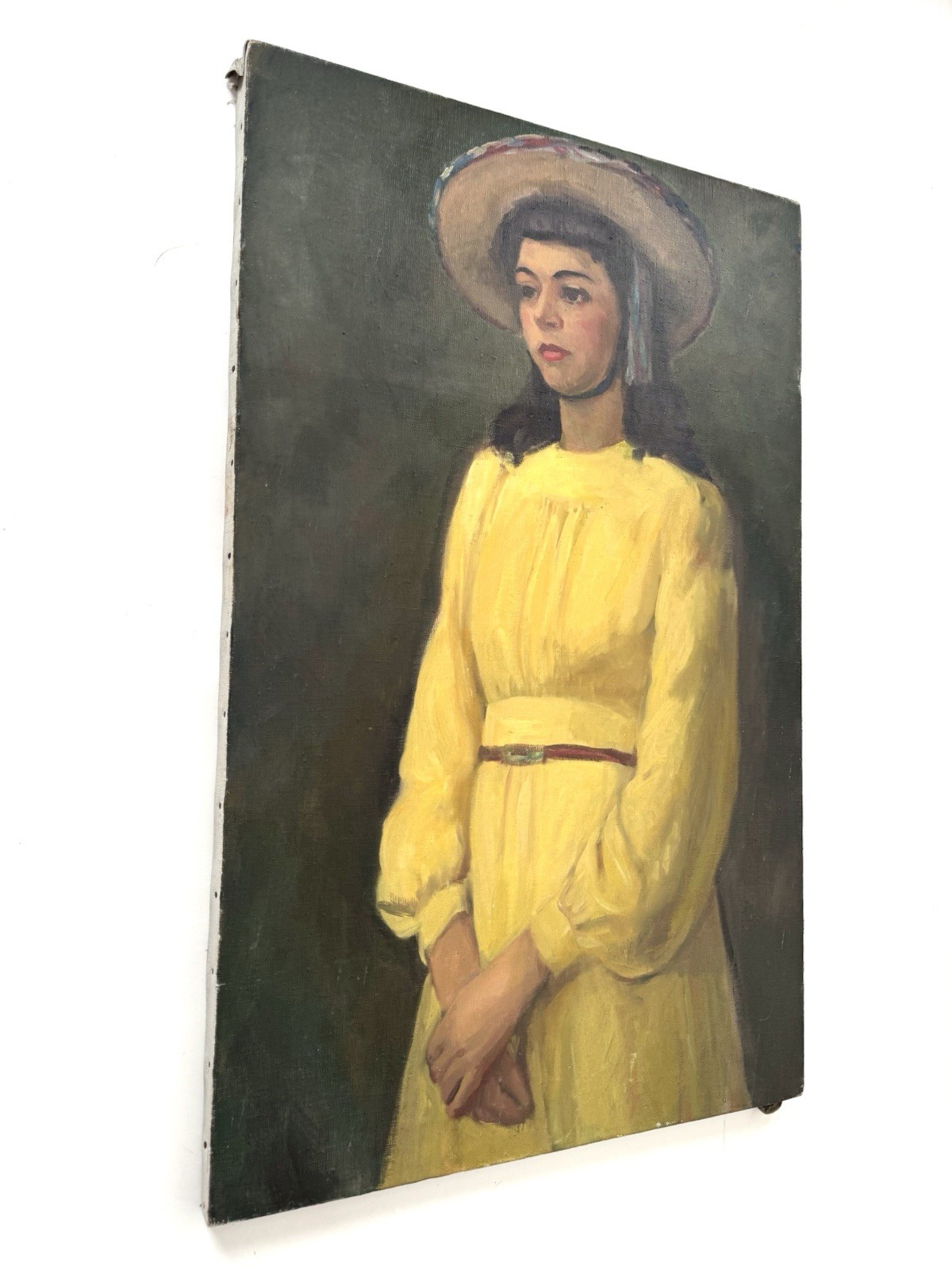 Vintage Large Portrait Painting of Woman Girl in Hat and Yellow Dress 35×22