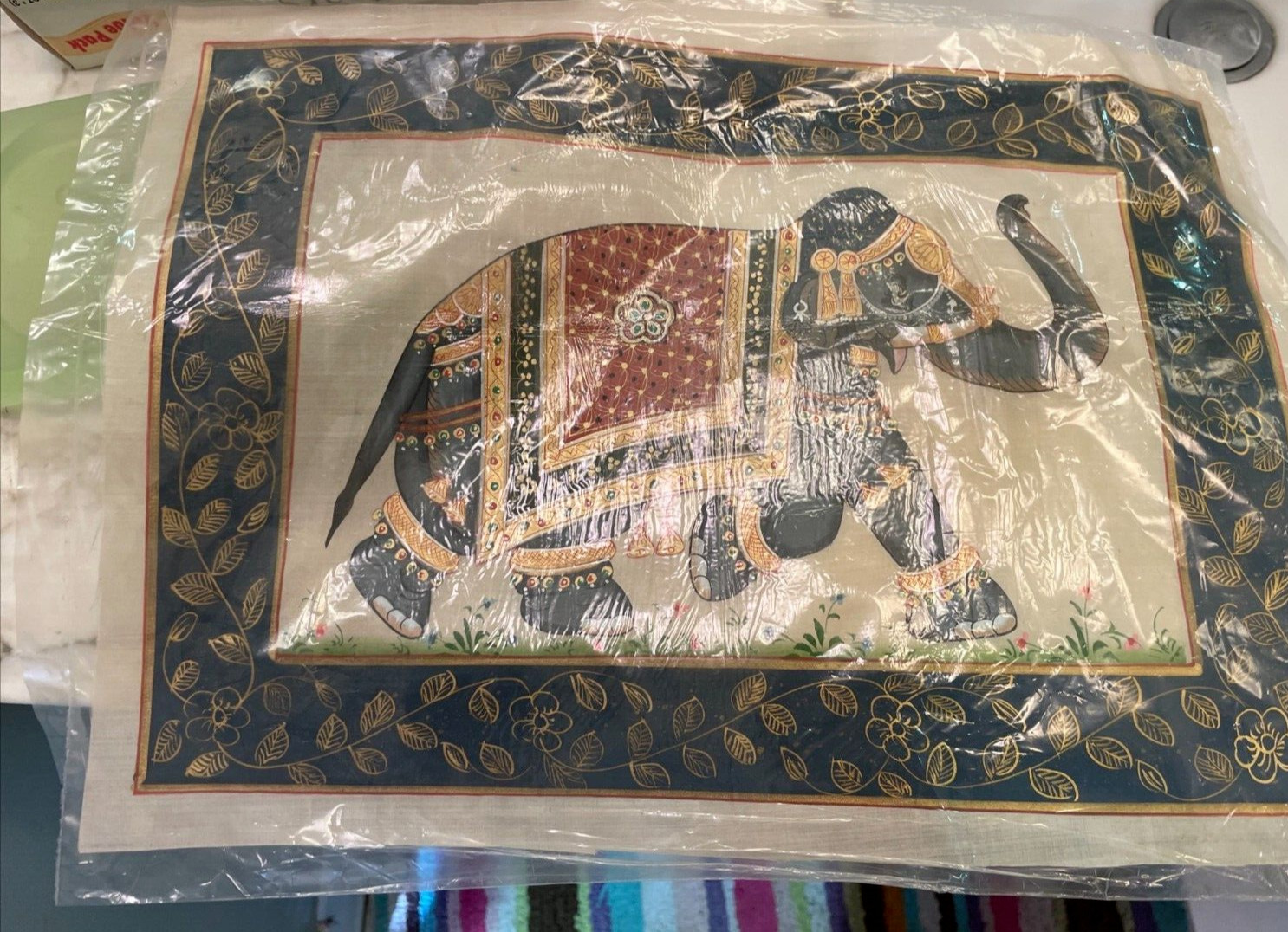 Vintage Hand Painted Asian Trunk Up Elephant on Silk Fabric Framed 10″ x 14″