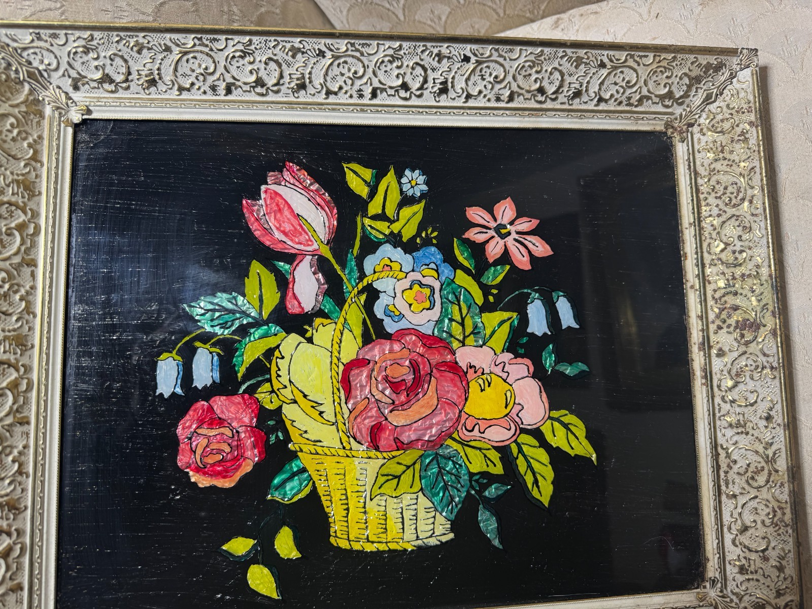 Large Antique Folk Art Tinsel Foil Reverse Artwork «Basket of Flowers» – Framed