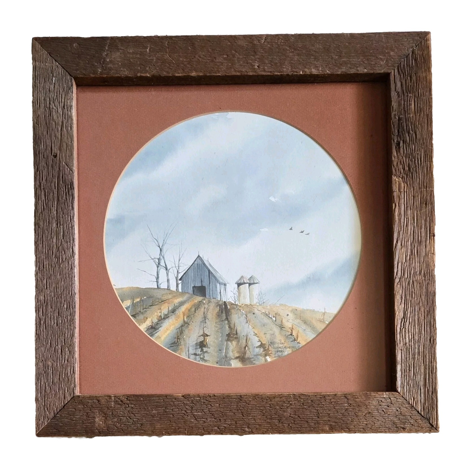 Winter Barn Field Painting 14.5×14.5” Barnwood Frame Signed Original Watercolor