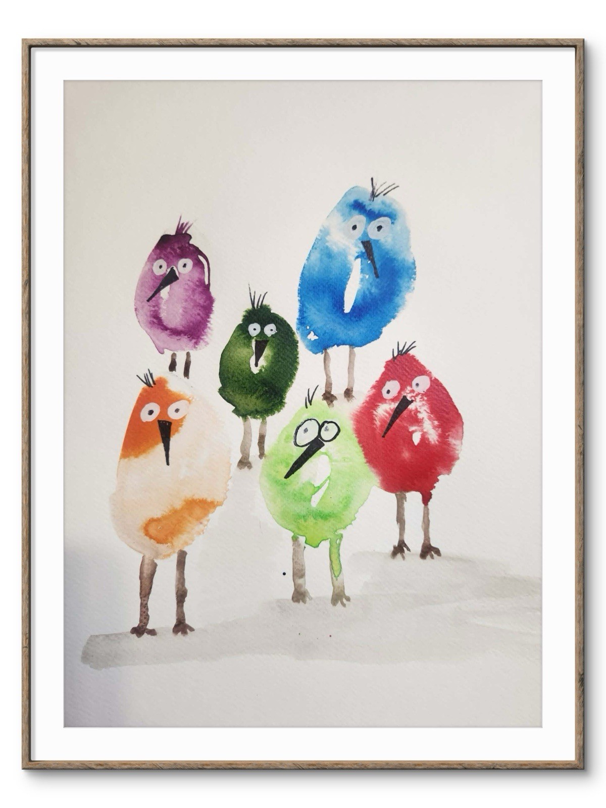 Abstract Silly Birds Colorful Unique Bold Art Watercolor Mixed Media Paper