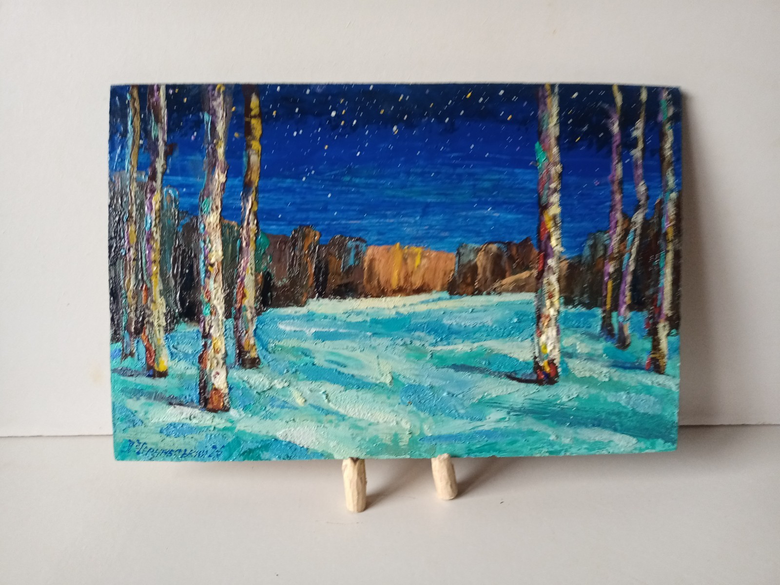 Night Winter Impasto Painting Original Art Impression Oil Painting 7.8 x 12.2 in
